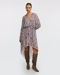 Long-Sleeve V-Neck Midi Dress with High-Low Hem