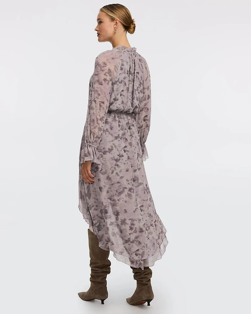 Long-Sleeve V-Neck Midi Dress with High-Low Hem