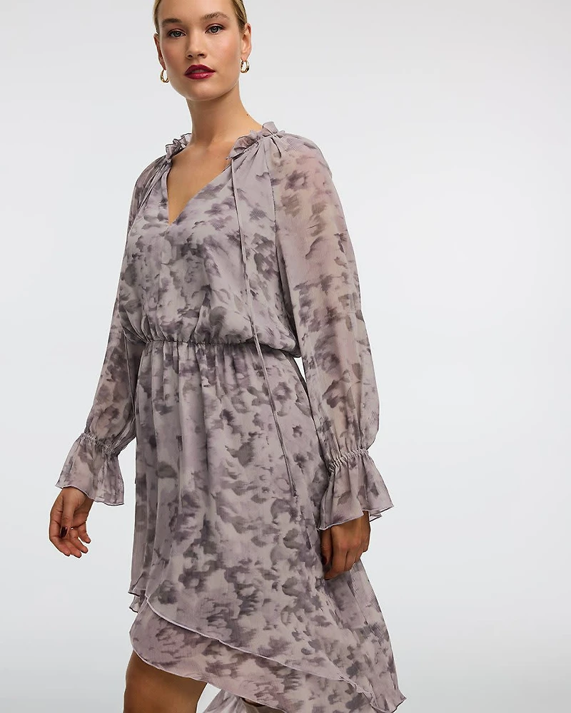 Long-Sleeve V-Neck Midi Dress with High-Low Hem