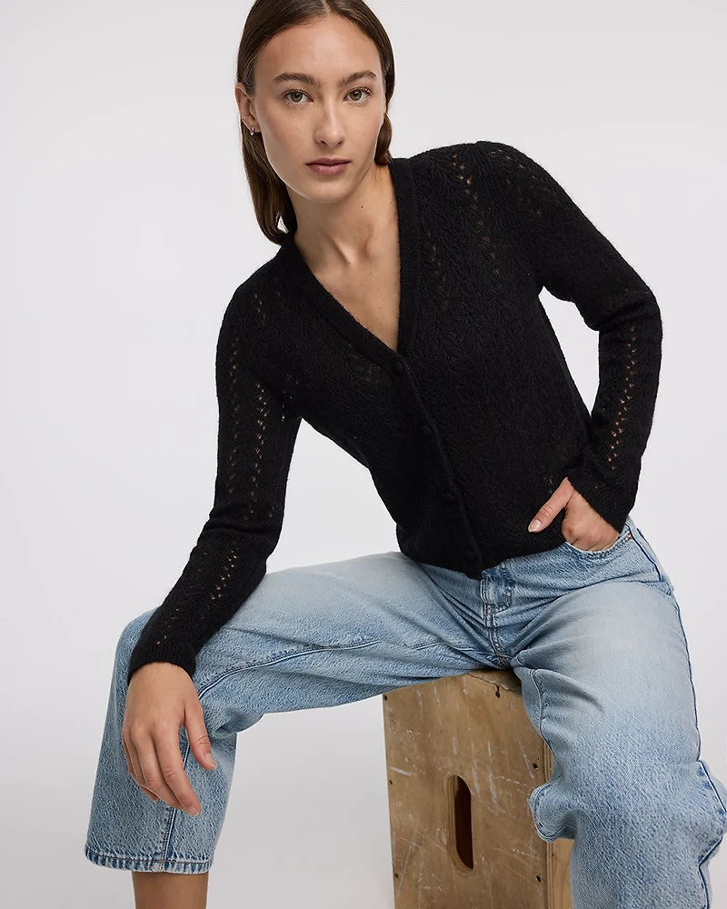Long-Sleeve V-Neck Fancy-Stitch Cardigan