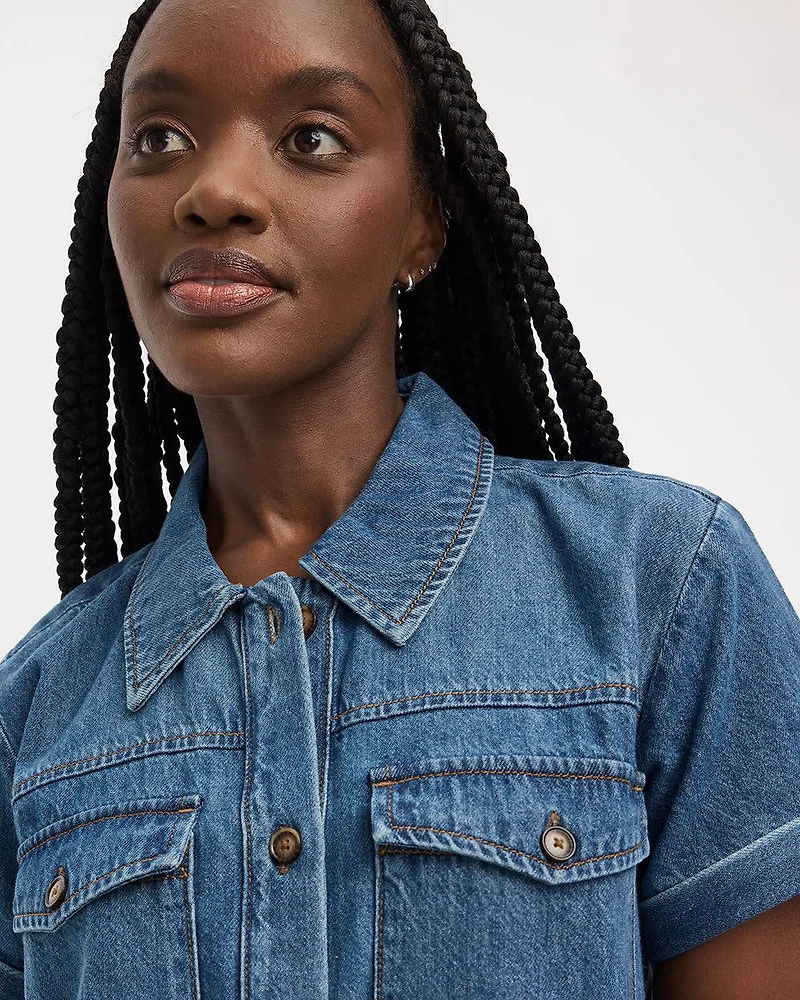 Short-Sleeve Buttoned-Down Denim Dress