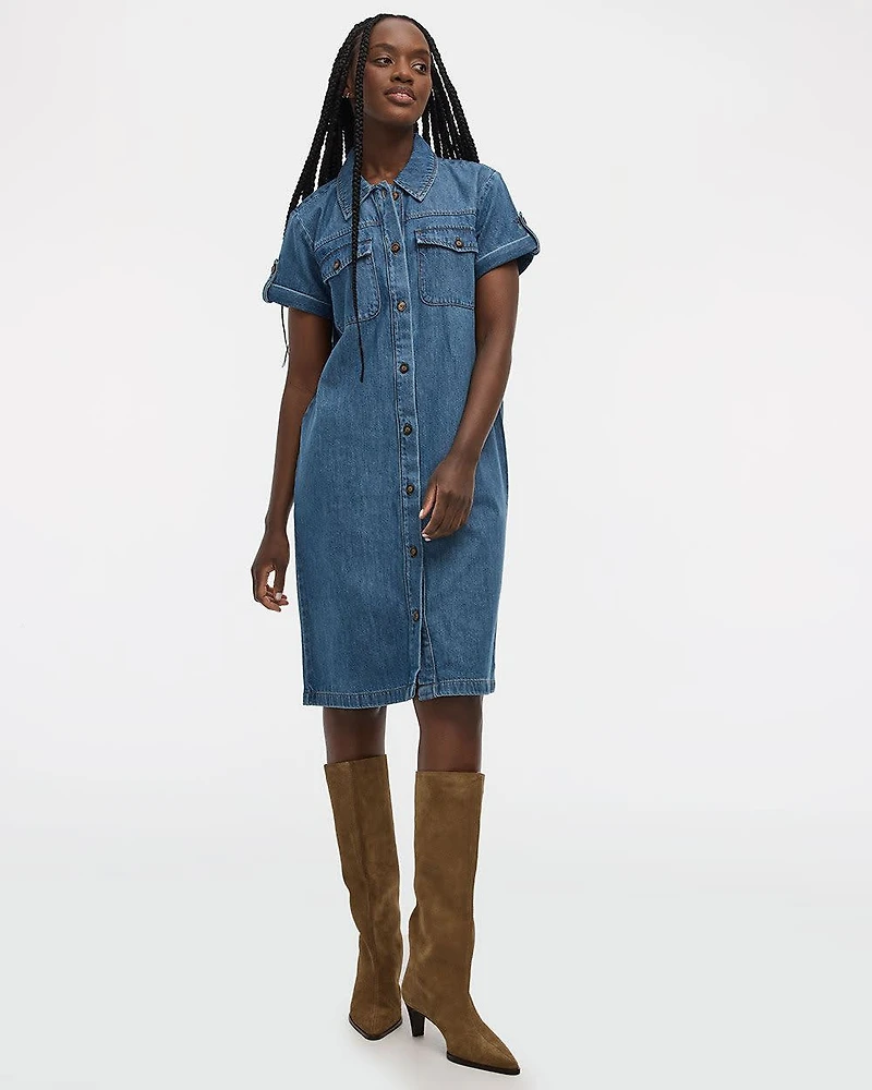 Short-Sleeve Buttoned-Down Denim Dress
