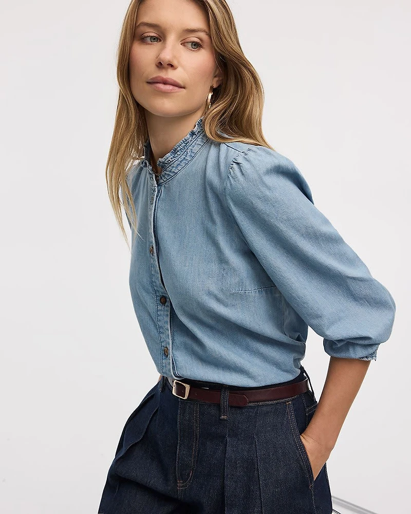 Mock-Neck Denim Blouse with 3/4 Puffy Sleeves
