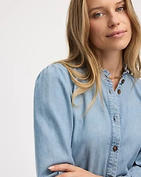 Mock-Neck Denim Blouse with 3/4 Puffy Sleeves