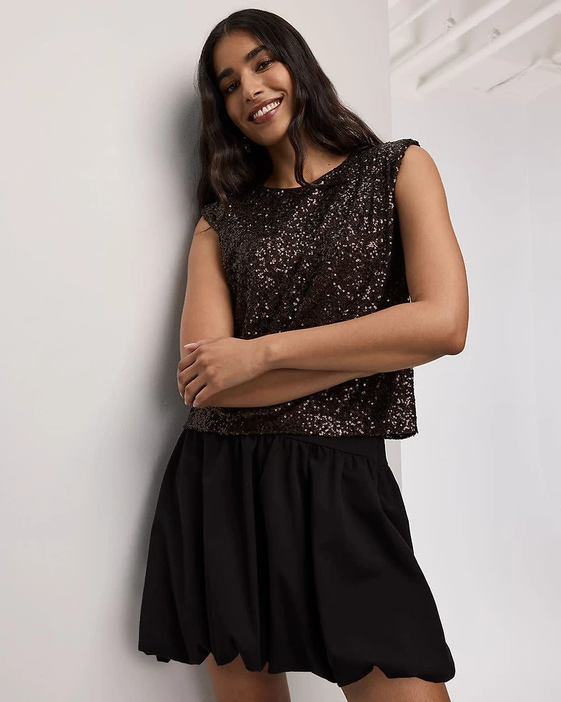 Extended-Sleeve Crew-Neck Sequins Top