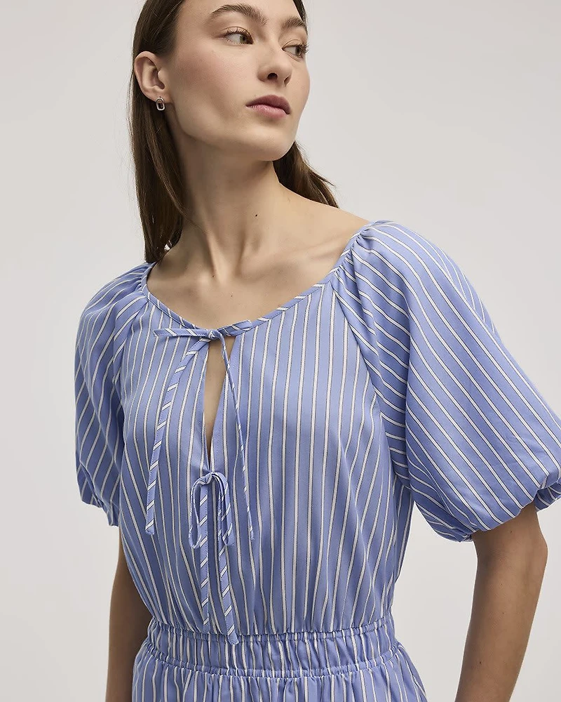 Short-Sleeve Fit-and-Flare Dress with Self-Tie Details at Neckline