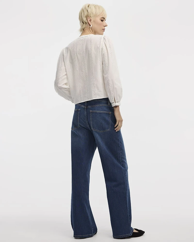 Puffy-Sleeve Split-Neck Blouse with Eyelet Trims