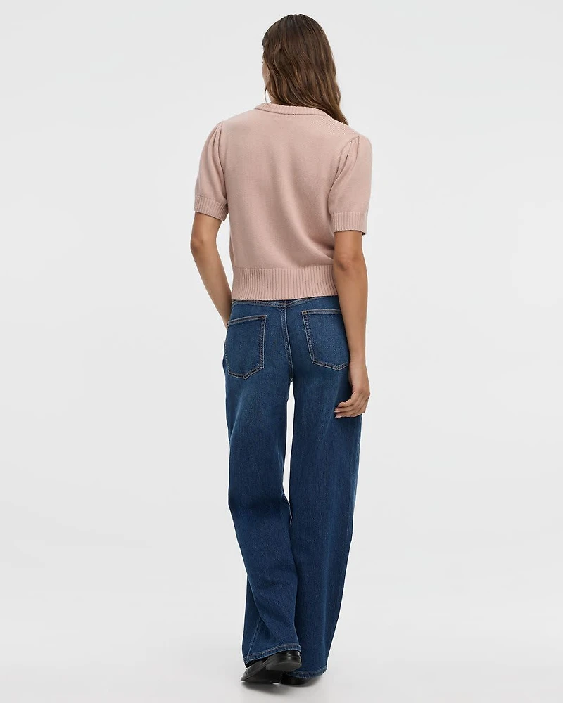 Short-Balloon-Sleeve Crew-Neck Cardigan