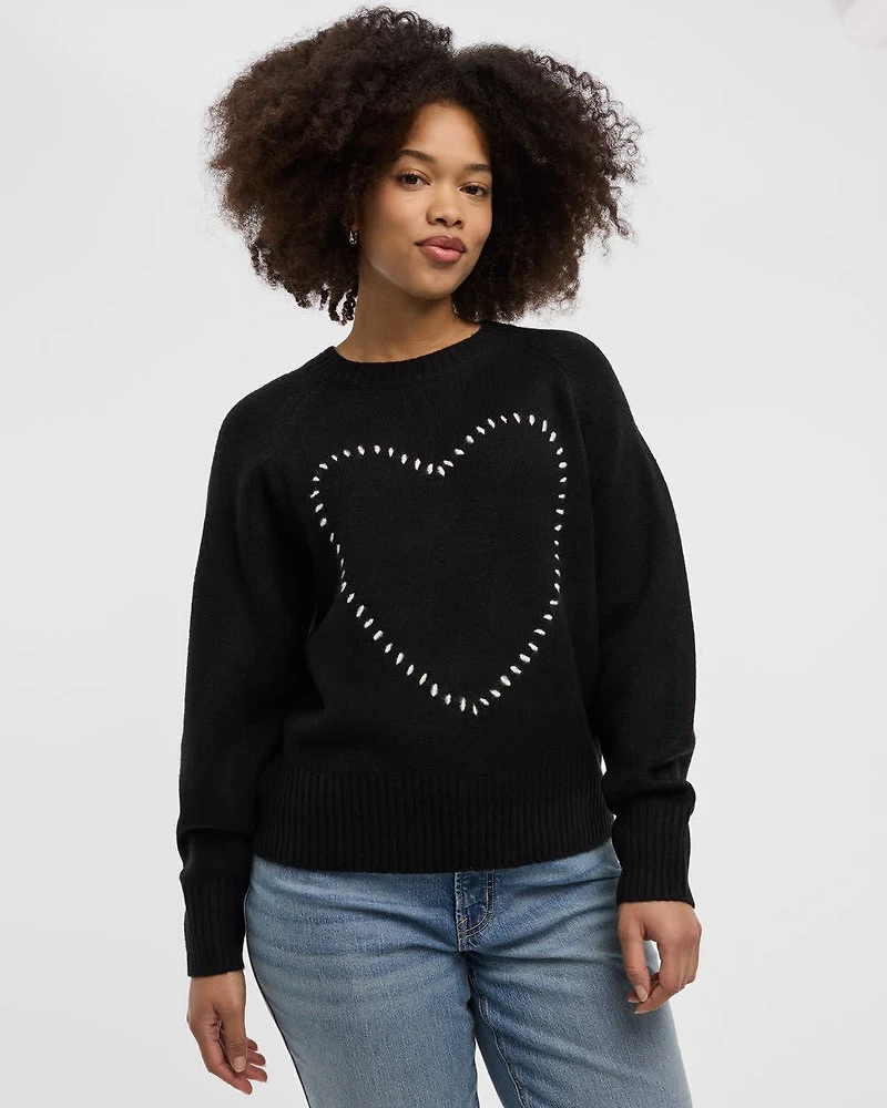 Long-Sleeve Crew-Neck Pullover with Heart Embroidery