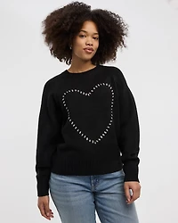 Long-Sleeve Crew-Neck Pullover with Heart Embroidery