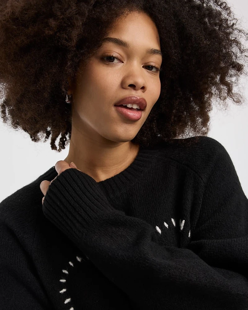 Long-Sleeve Crew-Neck Pullover with Heart Embroidery