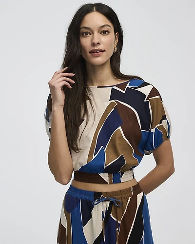 Cropped Short-Sleeve Boat-Neck Linen-Blend Top