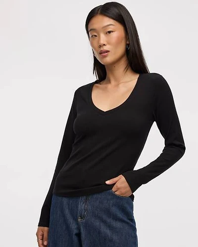 Long-Sleeve V-Neck Ribbed T-Shirt