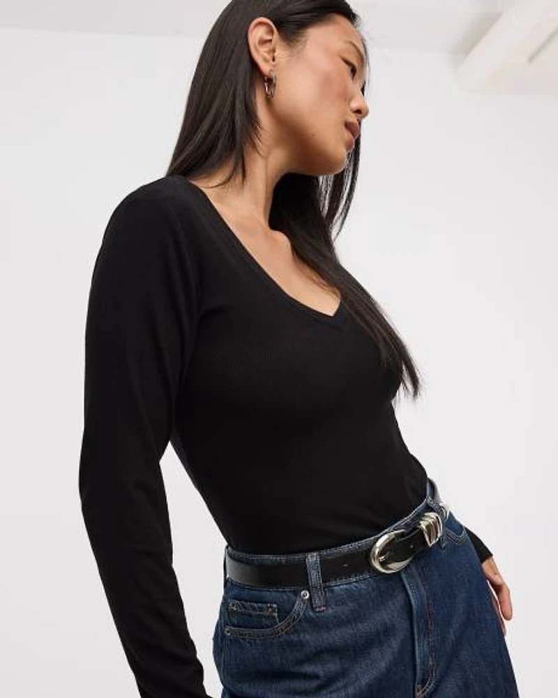 Long-Sleeve V-Neck Ribbed T-Shirt