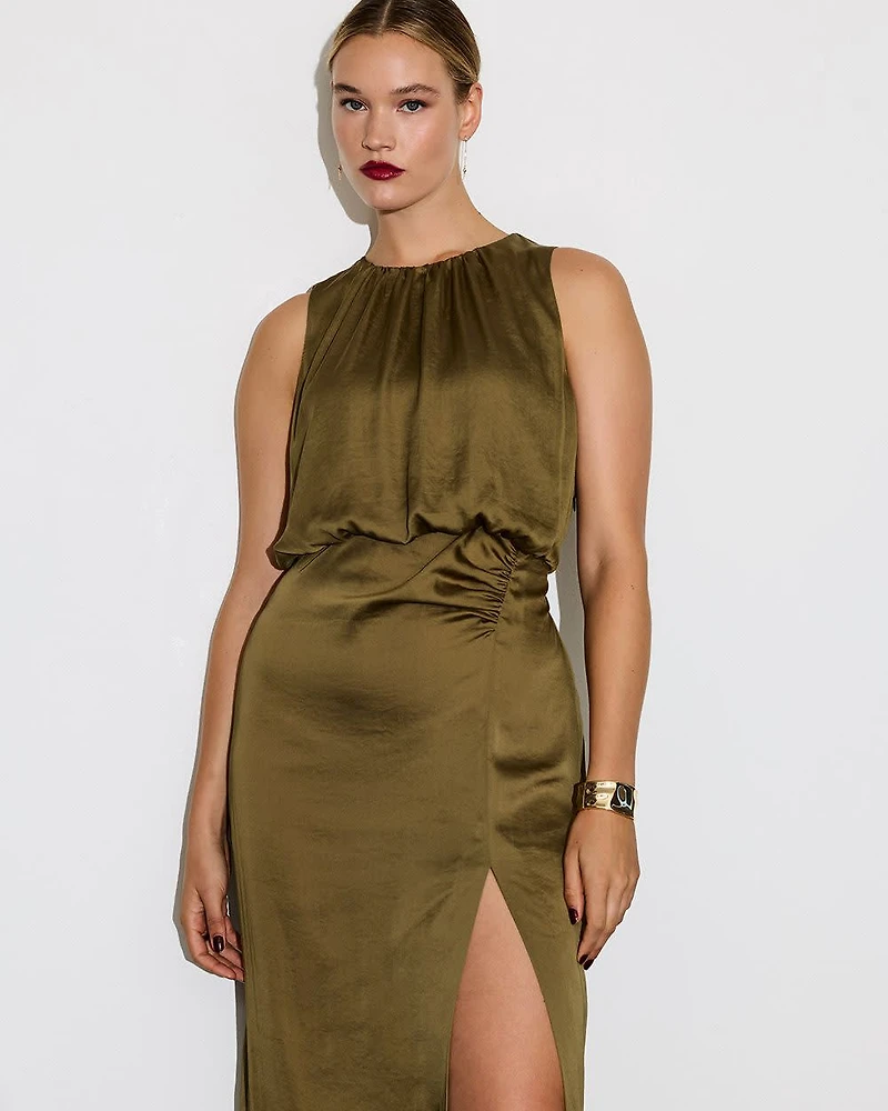 Sleeveless Crew-Neck Maxi Dress with High Slit