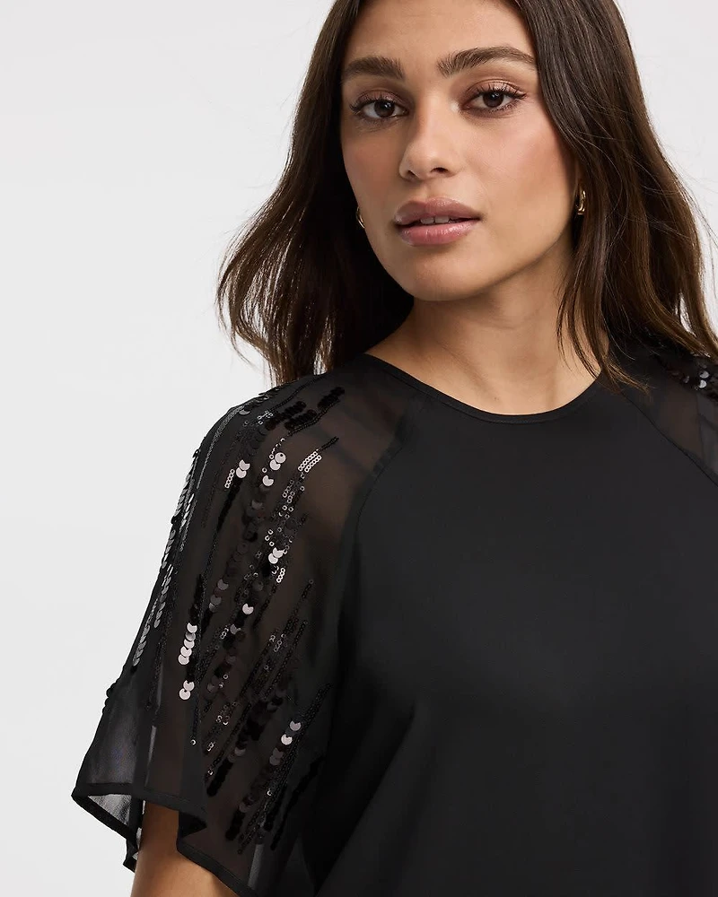 Crew-Neck Shift Dress with Sequin Short Sleeves
