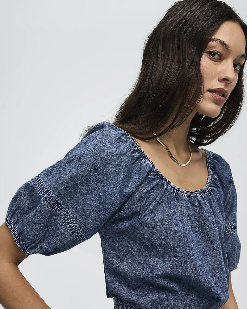 Haut en denim à manches courtes bouffantes et col bateau