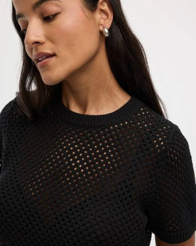 Short-Sleeve Crew-Neck Open-Stitch Pullover