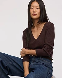 Long-Sleeve V-Neck Pullover with Wide Ribs