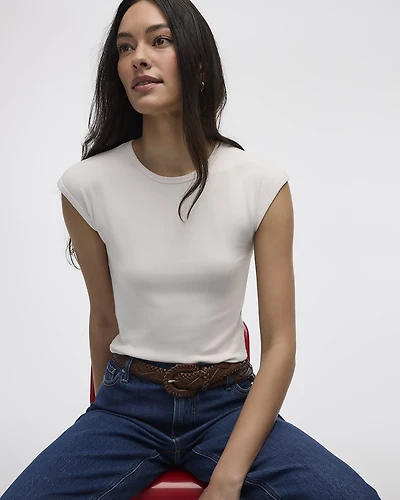 Extended-Sleeve Crew-Neck Ribbed Top
