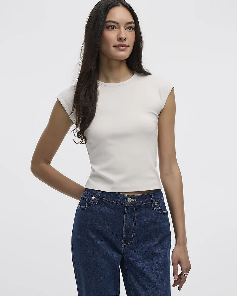 Extended-Sleeve Crew-Neck Ribbed Top
