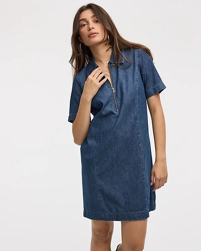 Short-Sleeve Denim Dress with Shirt Collar