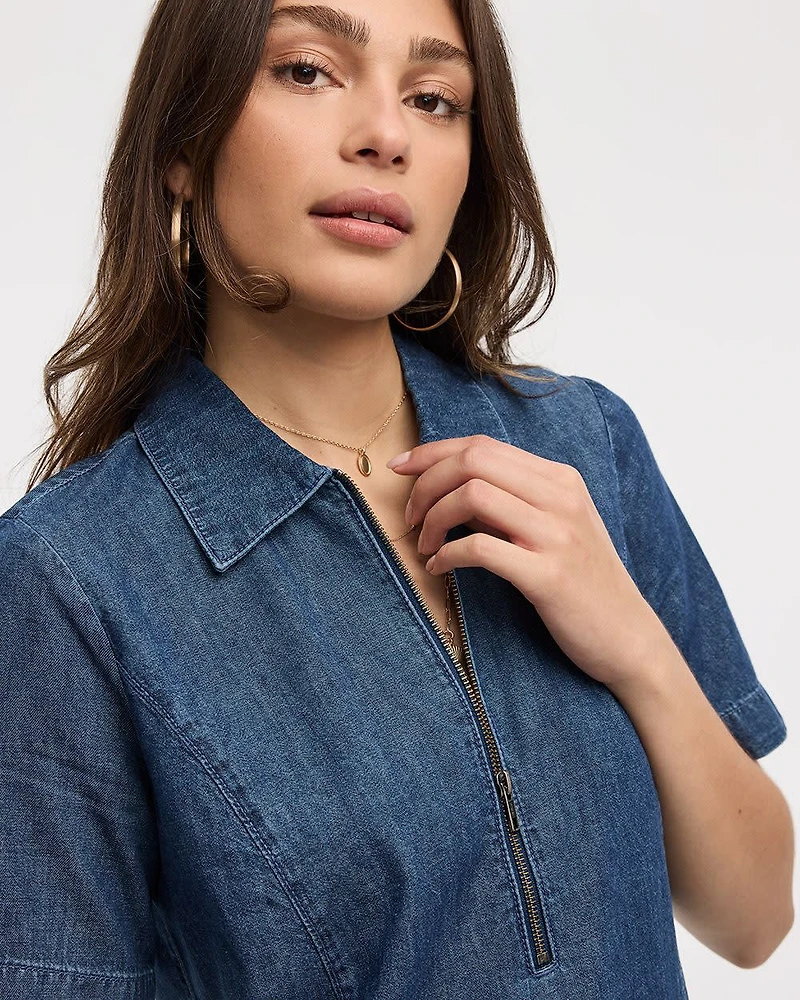 Short-Sleeve Denim Dress with Shirt Collar