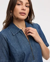 Short-Sleeve Denim Dress with Shirt Collar