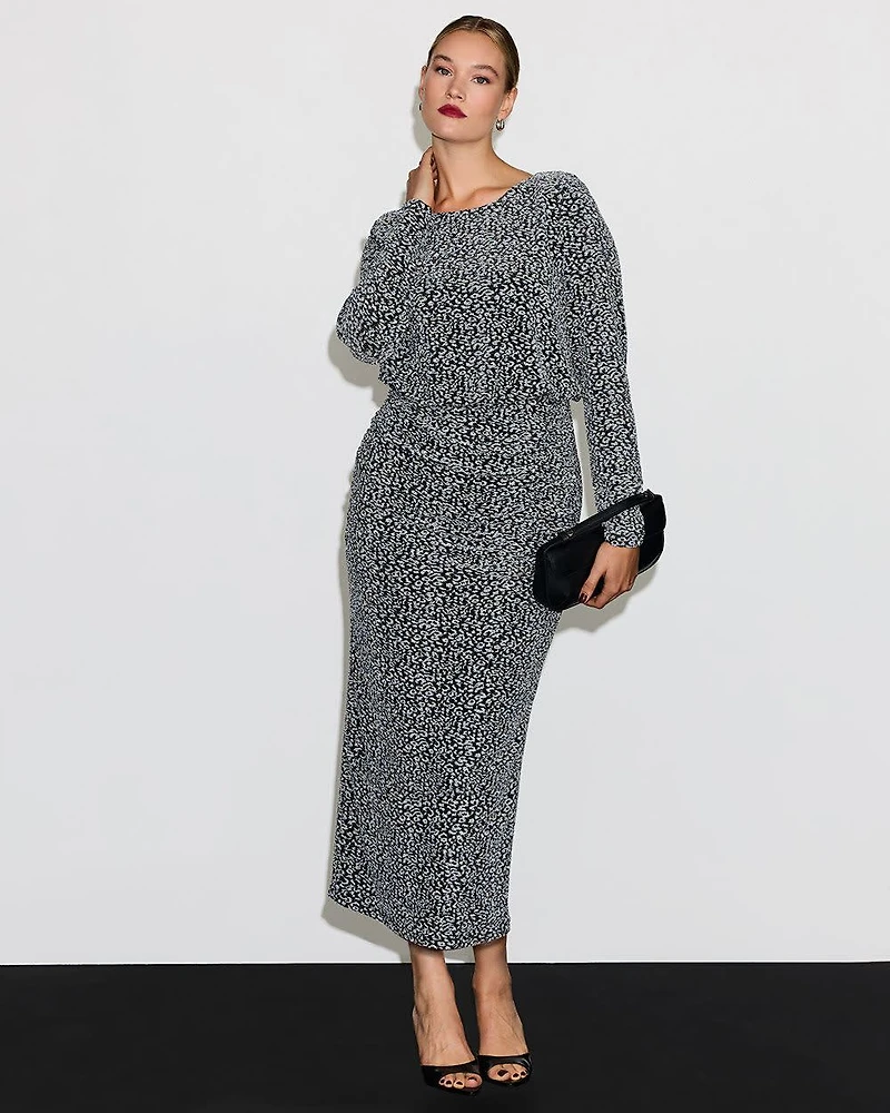 Long-Sleeve Midi Dress with Metallic Leopard Print
