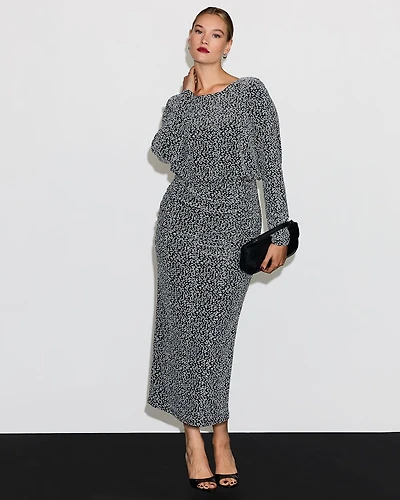 Long-Sleeve Midi Dress with Metallic Leopard Print