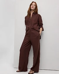Pantalon en mélange de lin à jambe large et taille haute