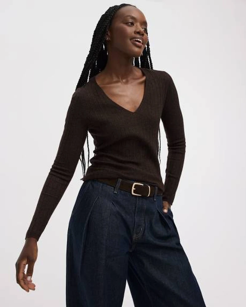 Long-Sleeve V-Neck Pullover with Wide Ribs