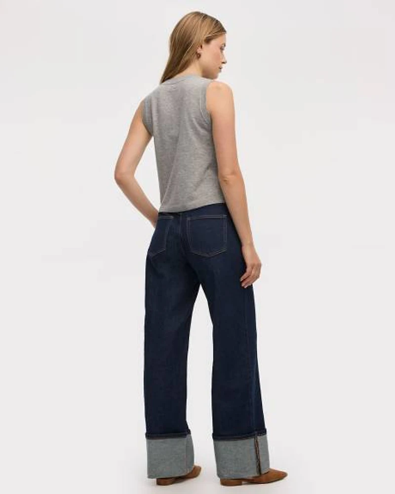 Jean à jambe large revers et taille mi-haute