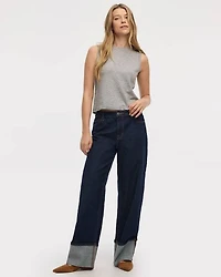 Jean à jambe large revers et taille mi-haute