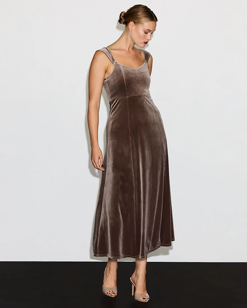 Cap-Sleeve Fit-and-Flare Midi Velvet Dress
