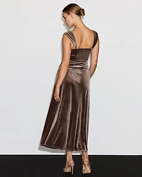 Cap-Sleeve Fit-and-Flare Midi Velvet Dress