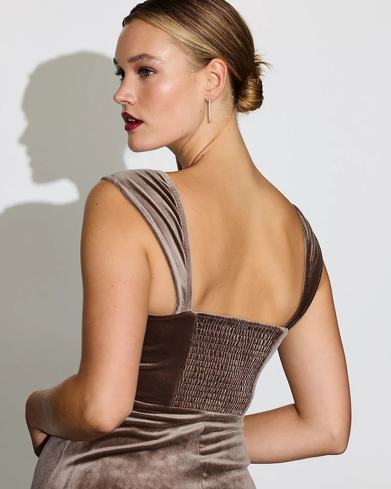 Cap-Sleeve Fit-and-Flare Midi Velvet Dress