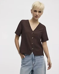 Short-Sleeve V-Neck Buttoned-Down Blouse