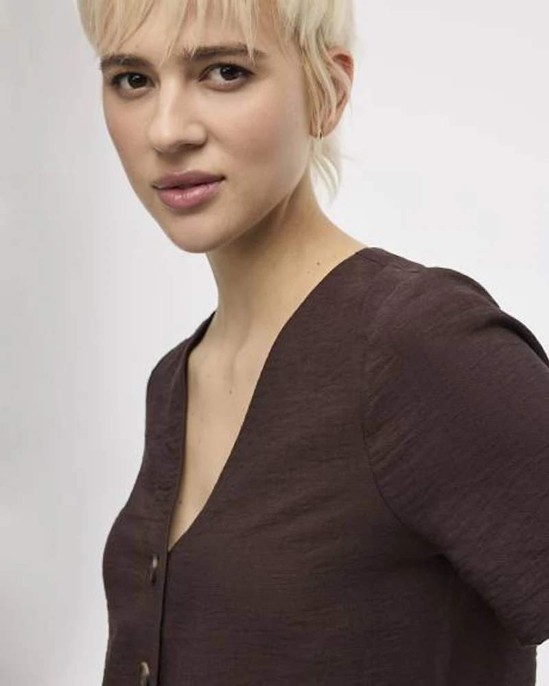 Short-Sleeve V-Neck Buttoned-Down Blouse