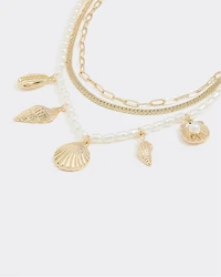 Multilayer Short Necklace with Pearls and Seashell Charms