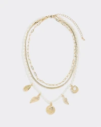 Multilayer Short Necklace with Pearls and Seashell Charms