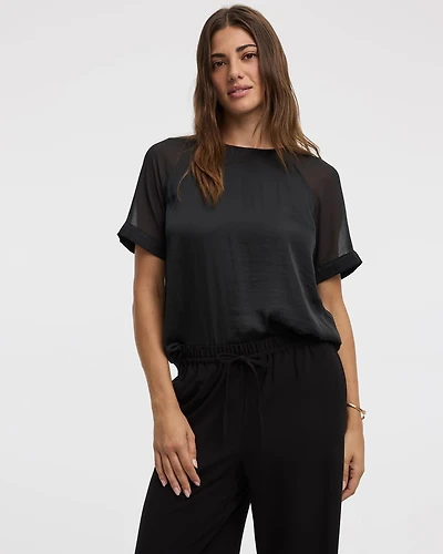 Short-Sleeve Crew-Neck Mix-Media Blouse