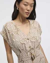 Short-Sleeve Buttoned-Down Dress with V Neckline