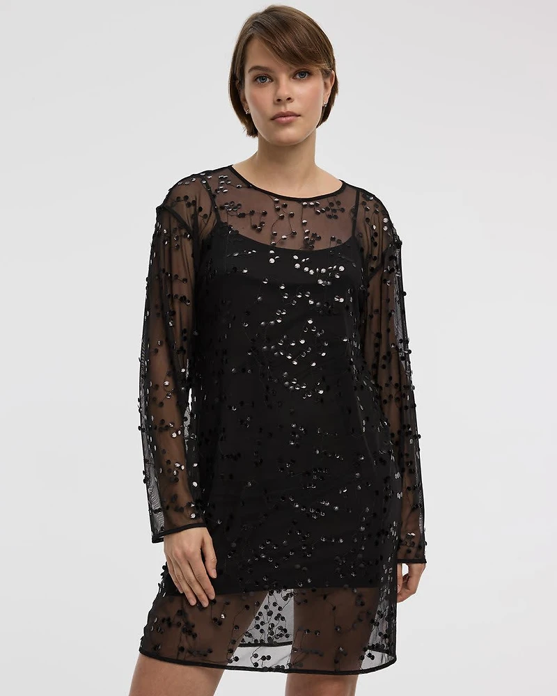 Long-Sleeve Mesh Mini Dress