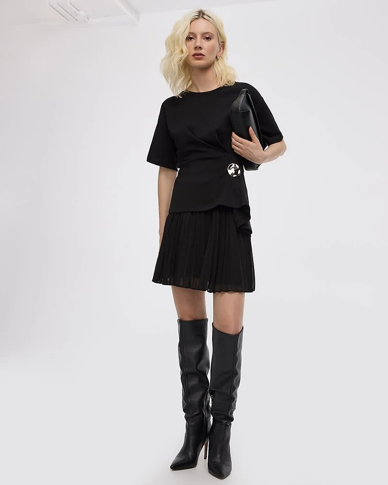 Short-Sleeve Crew-Neck Top with Cinched Waist