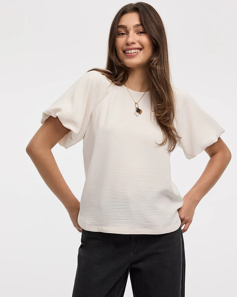 Short-Bubble-Sleeve Crew-Neck Blouse