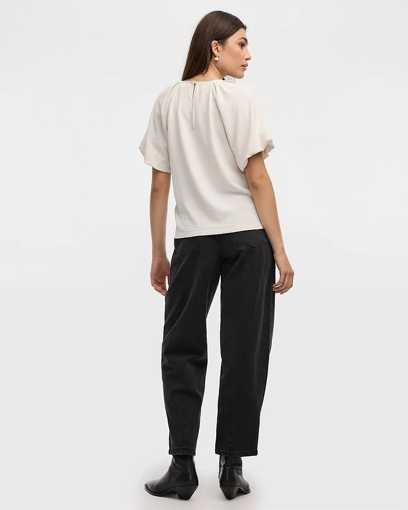 Short-Bubble-Sleeve Crew-Neck Blouse