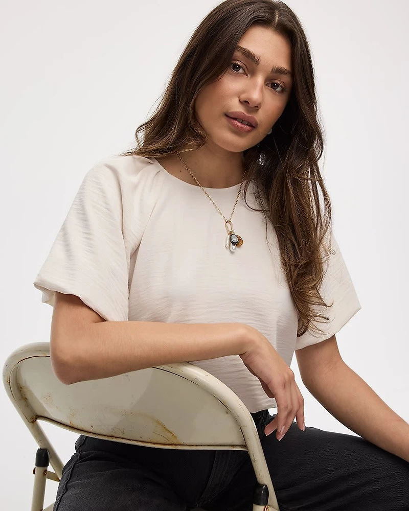 Short-Bubble-Sleeve Crew-Neck Blouse