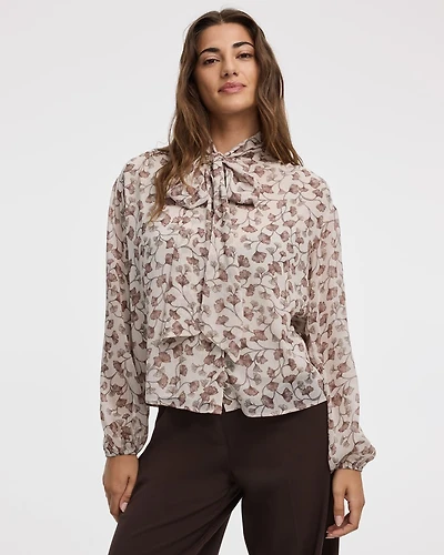 Long-Sleeve Blouse with Bow at Neckline