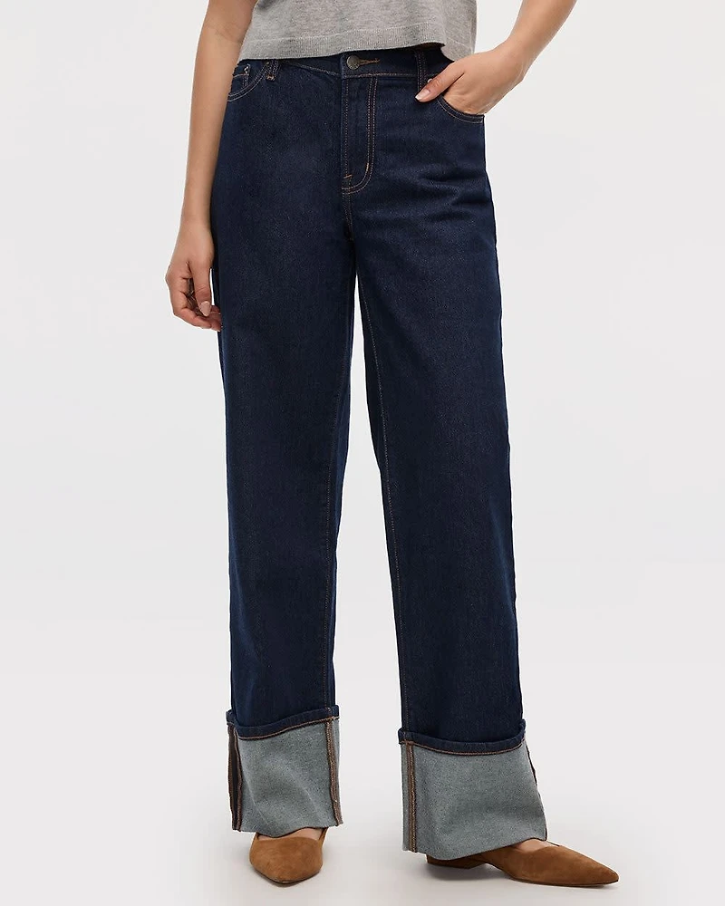 Wide-Leg Mid-Rise Cuffed Jean